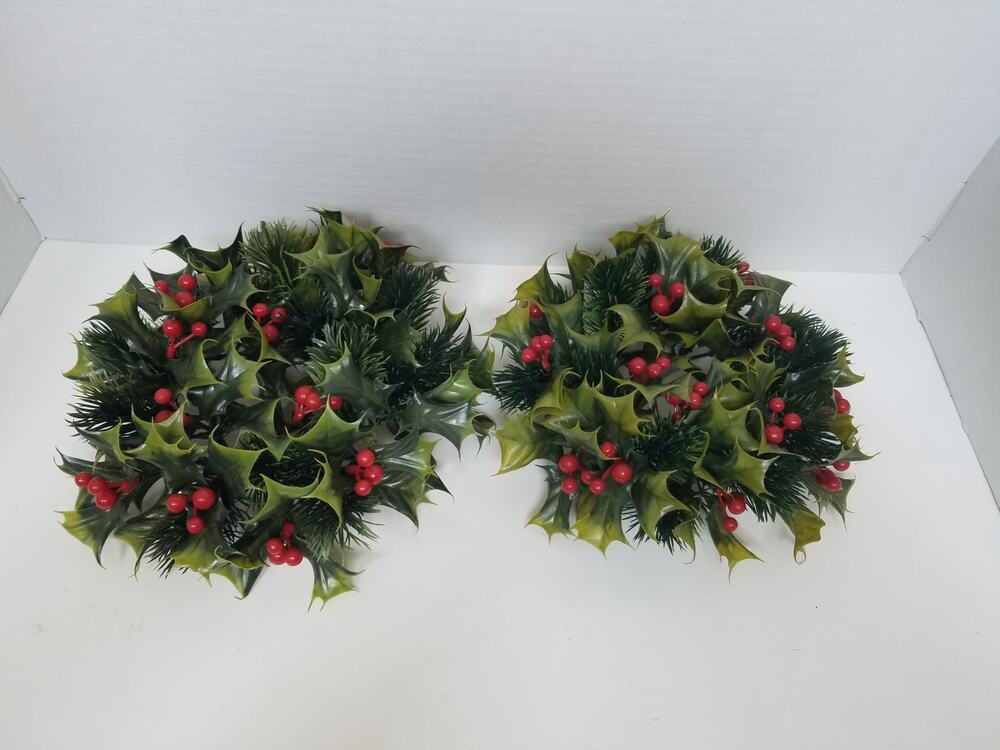 Vintage 70s MCM Christmas Holly Berry Pine Plastic Candle Rings 2